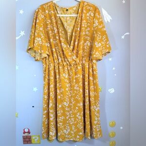 Mustard Floral Wrap Midi Dress 3XL elastic waist with flare short sleeves